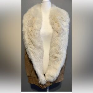 Vtg 80's White Finland Fox Fur Collar Leather Animal Print Tan Vest Jacket 12